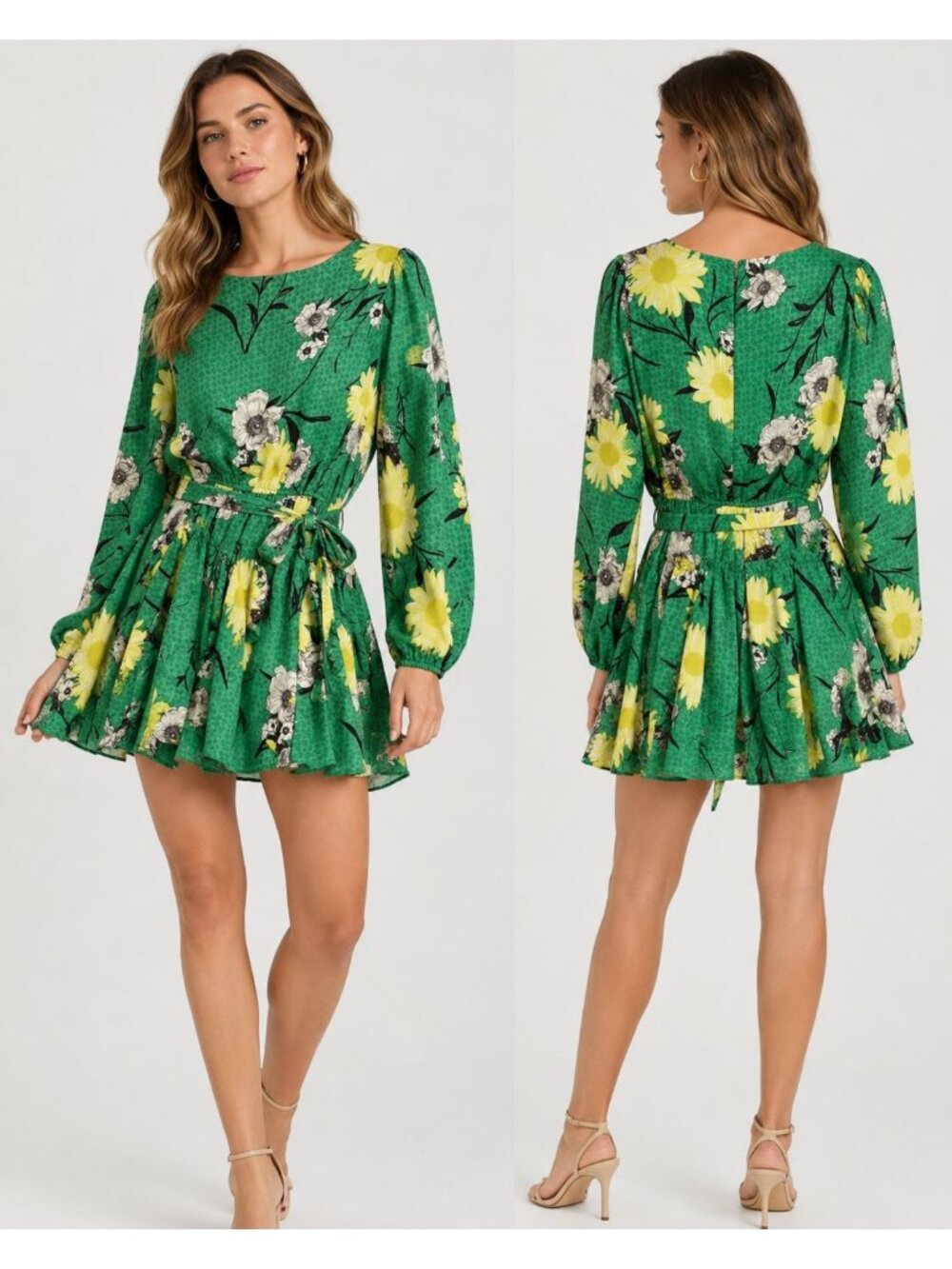 Fate Green Floral Long-Sleeve Mini Dress W/Waist Tie Green/Yellow Small